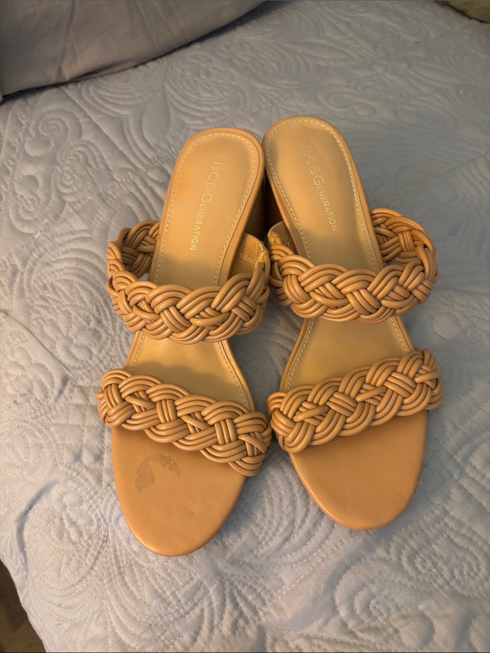 BCBGeneration Braided Double-Strap Slide Sandals in Tan